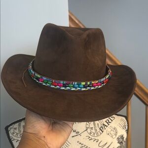 Brown Suede Hat with Multicolor Band